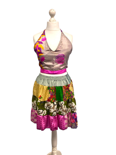 Crop Top & Mini Skirt Festival outfit Boho Hippy Sari Silk summer vest One Size