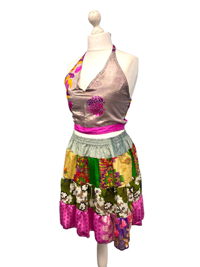 Crop Top & Mini Skirt Festival outfit Boho Hippy Sari Silk summer vest One Size