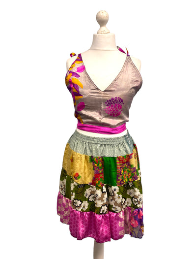 Crop Top & Mini Skirt Festival outfit Boho Hippy Sari Silk summer vest One Size