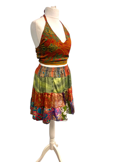 Crop Top & Mini Skirt Festival outfit Boho Hippy Sari Silk summer vest One Size