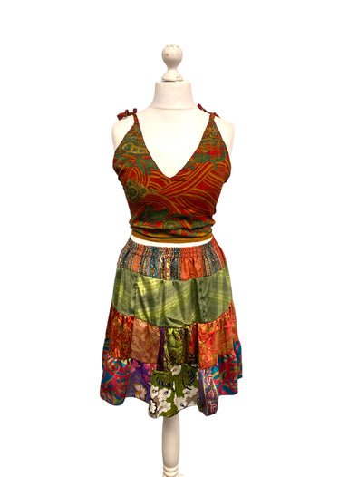 Crop Top & Mini Skirt Festival outfit Boho Hippy Sari Silk summer vest One Size