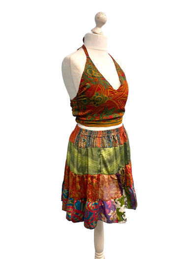 Crop Top & Mini Skirt Festival outfit Boho Hippy Sari Silk summer vest One Size