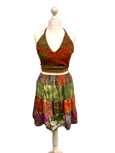 Crop Top & Mini Skirt Festival outfit Boho Hippy Sari Silk summer vest One Size