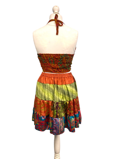 Crop Top & Mini Skirt Festival outfit Boho Hippy Sari Silk summer vest One Size