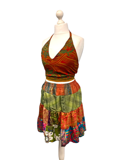 Crop Top & Mini Skirt Festival outfit Boho Hippy Sari Silk summer vest One Size