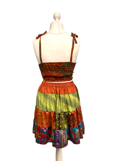 Crop Top & Mini Skirt Festival outfit Boho Hippy Sari Silk summer vest One Size