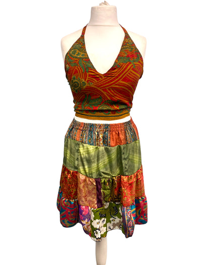 Crop Top & Mini Skirt Festival outfit Boho Hippy Sari Silk summer vest One Size