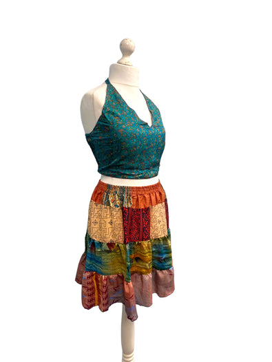 Crop Top & Mini Skirt Festival outfit Boho Hippy Sari Silk summer vest One Size