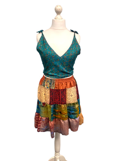 Crop Top & Mini Skirt Festival outfit Boho Hippy Sari Silk summer vest One Size