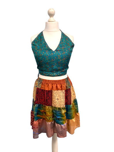 Crop Top & Mini Skirt Festival outfit Boho Hippy Sari Silk summer vest One Size