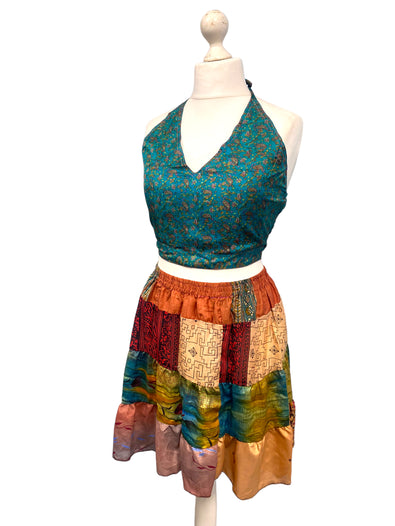 Crop Top & Mini Skirt Festival outfit Boho Hippy Sari Silk summer vest One Size