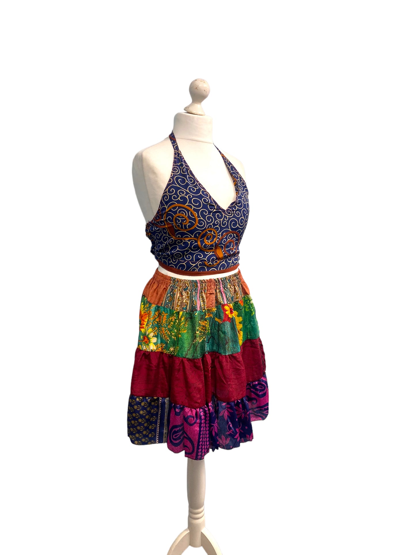 Crop Top & Mini Skirt Festival outfit Boho Hippy Sari Silk summer vest One Size