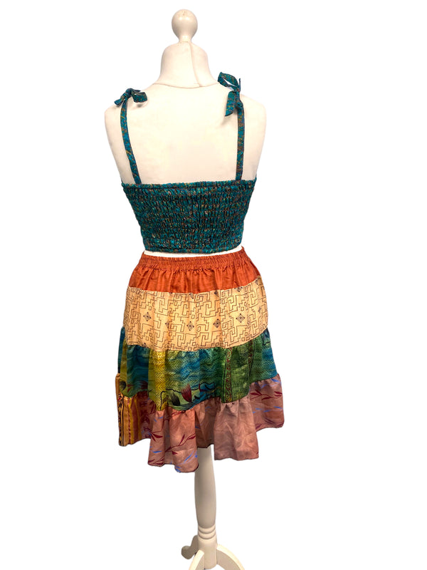 Crop Top & Mini Skirt Festival outfit Boho Hippy Sari Silk summer vest One Size