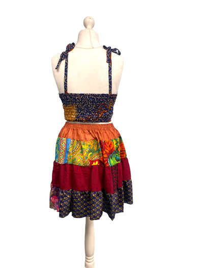 Crop Top & Mini Skirt Festival outfit Boho Hippy Sari Silk summer vest One Size