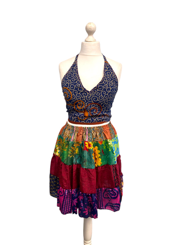 Crop Top & Mini Skirt Festival outfit Boho Hippy Sari Silk summer vest One Size