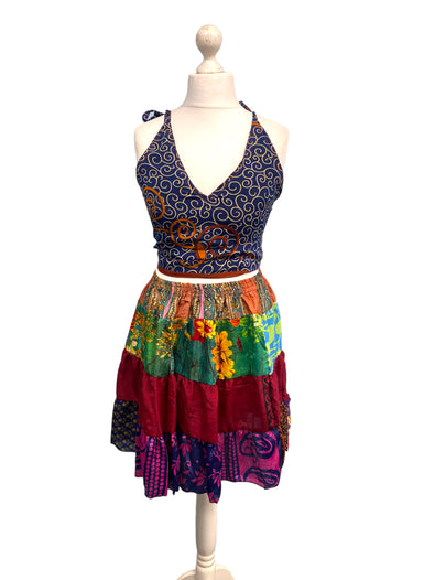 Crop Top & Mini Skirt Festival outfit Boho Hippy Sari Silk summer vest One Size