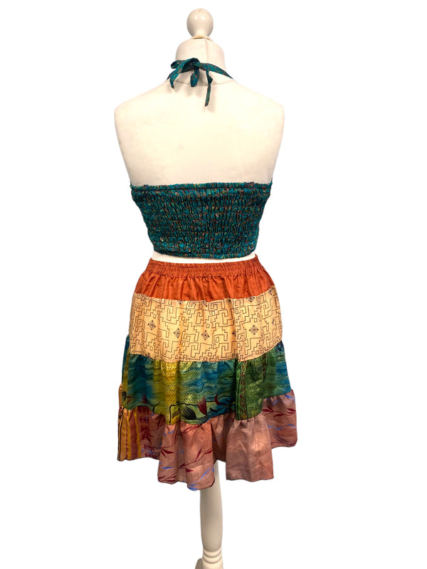 Crop Top & Mini Skirt Festival outfit Boho Hippy Sari Silk summer vest One Size