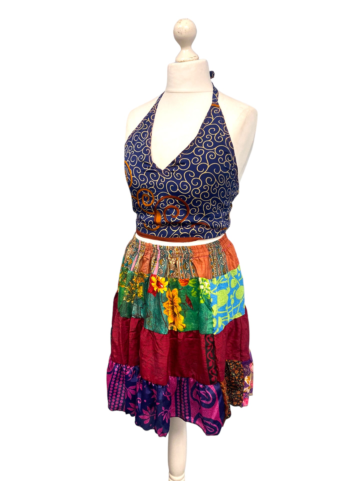 Crop Top & Mini Skirt Festival outfit Boho Hippy Sari Silk summer vest One Size