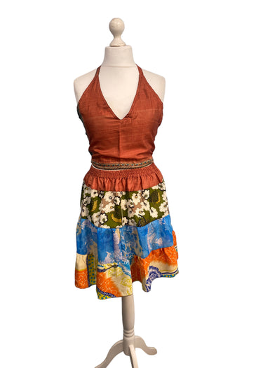 Crop Top & Mini Skirt Festival outfit Boho Hippy Sari Silk summer vest One Size