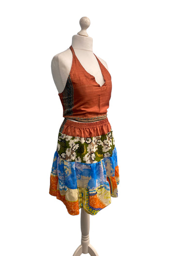 Crop Top & Mini Skirt Festival outfit Boho Hippy Sari Silk summer vest One Size