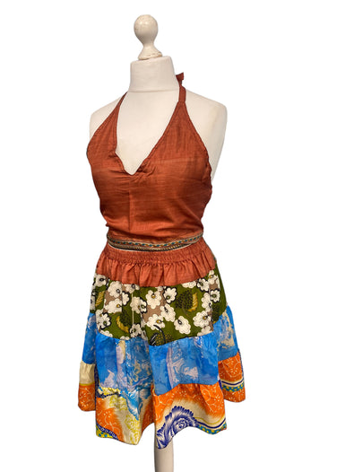 Crop Top & Mini Skirt Festival outfit Boho Hippy Sari Silk summer vest One Size