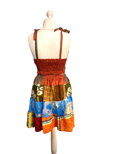 Crop Top & Mini Skirt Festival outfit Boho Hippy Sari Silk summer vest One Size