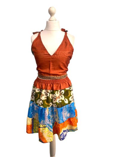 Crop Top & Mini Skirt Festival outfit Boho Hippy Sari Silk summer vest One Size