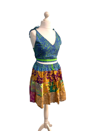 Crop Top & Mini Skirt Festival outfit Boho Hippy Sari Silk summer vest One Size