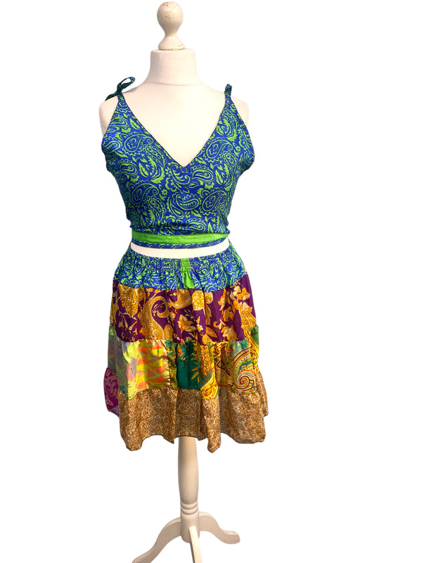 Crop Top & Mini Skirt Festival outfit Boho Hippy Sari Silk summer vest One Size