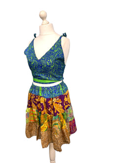 Crop Top & Mini Skirt Festival outfit Boho Hippy Sari Silk summer vest One Size