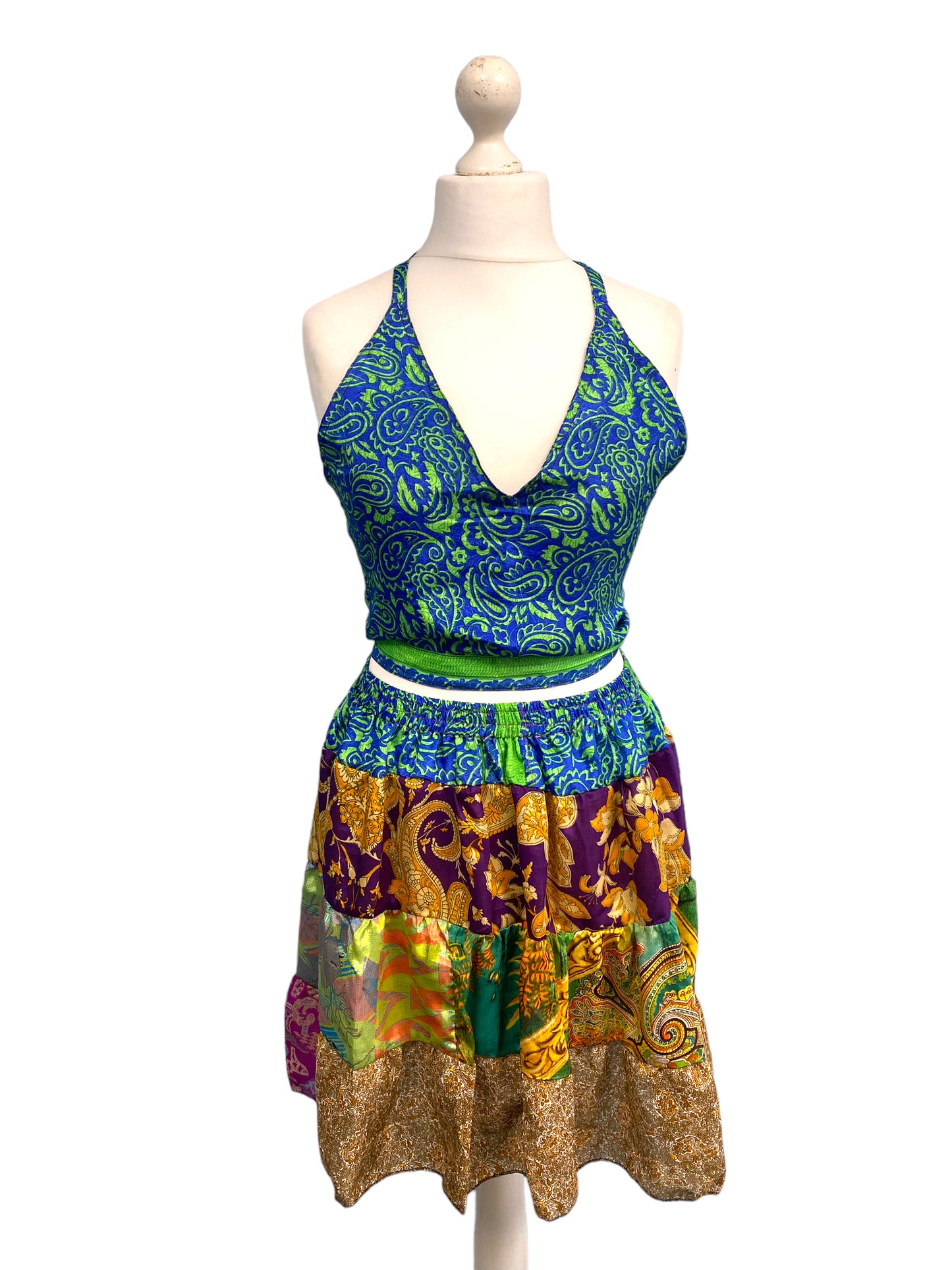 Crop Top & Mini Skirt Festival outfit Boho Hippy Sari Silk summer vest One Size