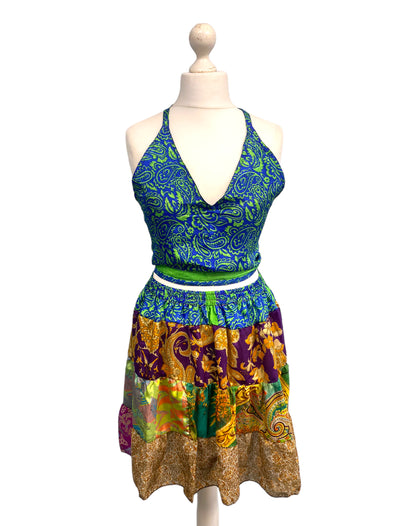 Crop Top & Mini Skirt Festival outfit Boho Hippy Sari Silk summer vest One Size