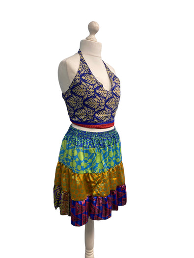 Crop Top & Mini Skirt Festival outfit Boho Hippy Sari Silk summer vest One Size