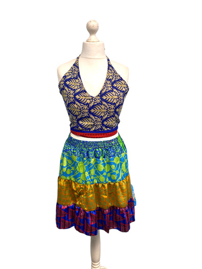 Crop Top & Mini Skirt Festival outfit Boho Hippy Sari Silk summer vest One Size