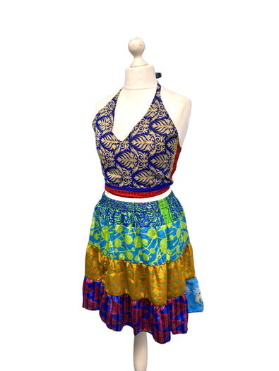 Crop Top & Mini Skirt Festival outfit Boho Hippy Sari Silk summer vest One Size