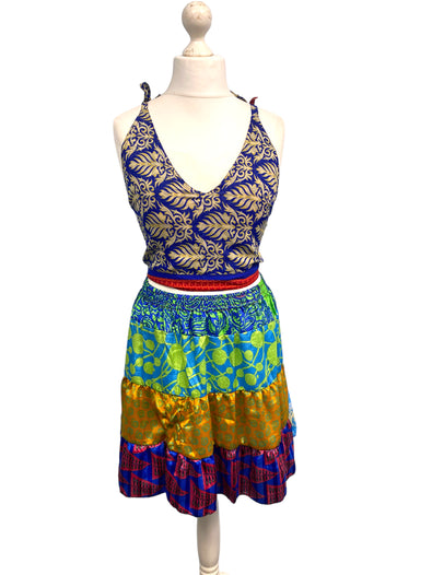 Crop Top & Mini Skirt Festival outfit Boho Hippy Sari Silk summer vest One Size