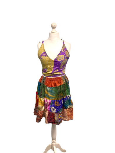 Crop Top & Mini Skirt Festival outfit Boho Hippy Sari Silk summer vest One Size