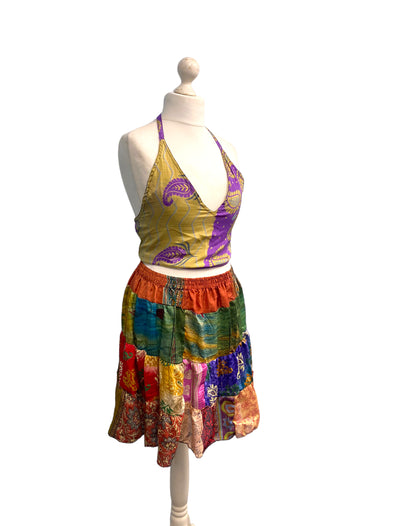 Crop Top & Mini Skirt Festival outfit Boho Hippy Sari Silk summer vest One Size