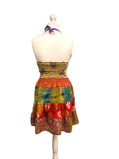 Crop Top & Mini Skirt Festival outfit Boho Hippy Sari Silk summer vest One Size