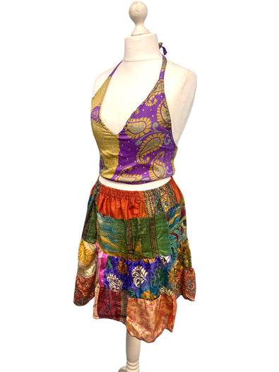 Crop Top & Mini Skirt Festival outfit Boho Hippy Sari Silk summer vest One Size