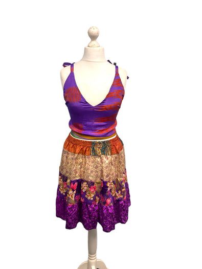 Crop Top & Mini Skirt Festival outfit Boho Hippy Sari Silk summer vest One Size