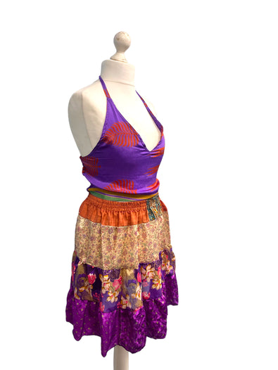 Crop Top & Mini Skirt Festival outfit Boho Hippy Sari Silk summer vest One Size