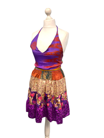 Crop Top & Mini Skirt Festival outfit Boho Hippy Sari Silk summer vest One Size