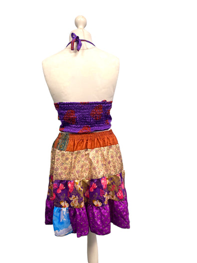 Crop Top & Mini Skirt Festival outfit Boho Hippy Sari Silk summer vest One Size