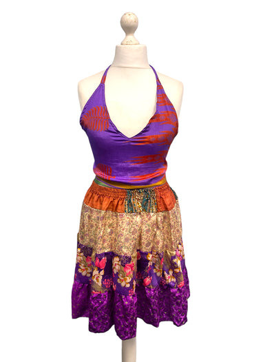 Crop Top & Mini Skirt Festival outfit Boho Hippy Sari Silk summer vest One Size