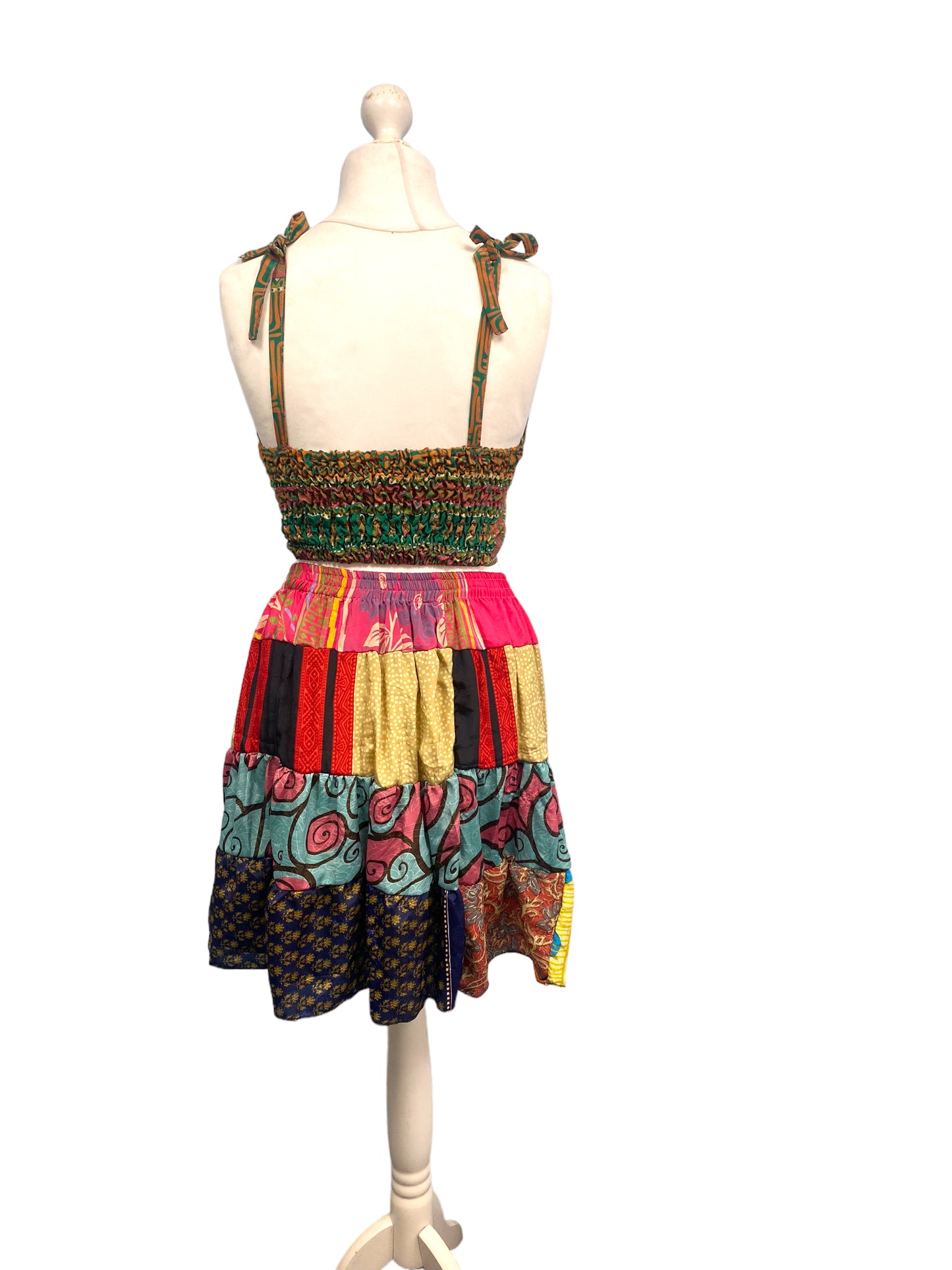 Crop Top & Mini Skirt Festival outfit Boho Hippy Sari Silk summer vest One Size