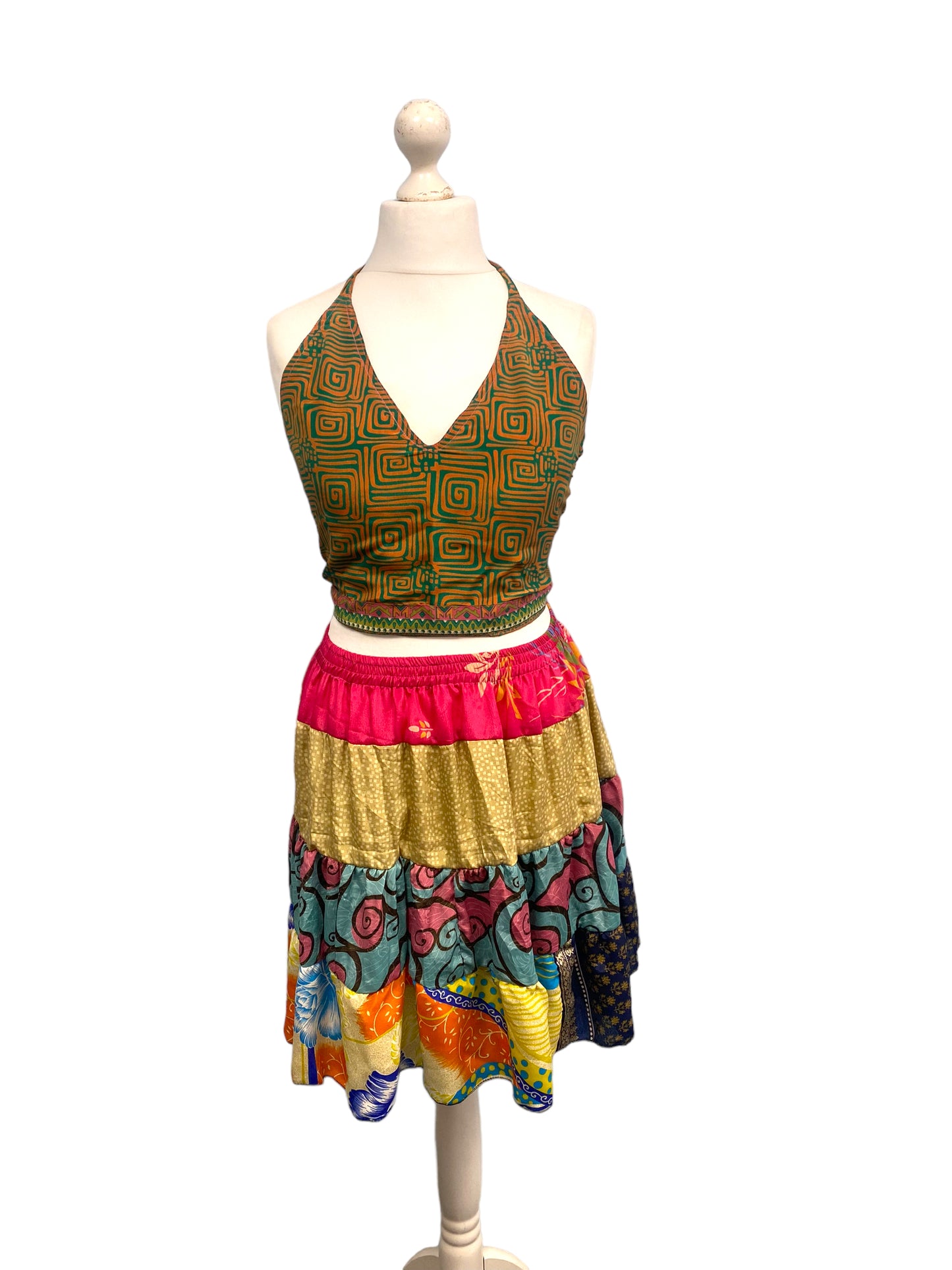 Crop Top & Mini Skirt Festival outfit Boho Hippy Sari Silk summer vest One Size