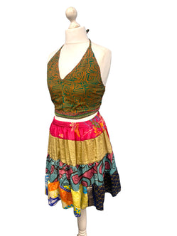 Crop Top & Mini Skirt Festival outfit Boho Hippy Sari Silk summer vest One Size