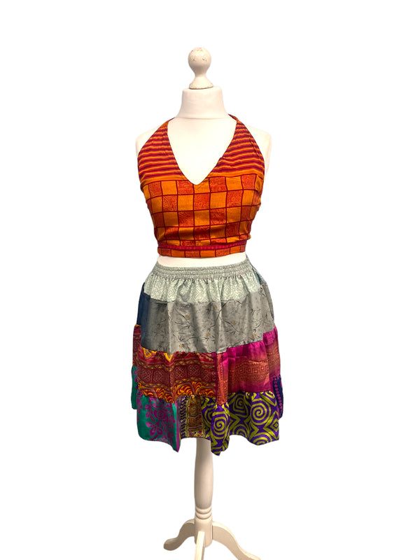 Crop Top & Mini Skirt Festival outfit Boho Hippy Sari Silk summer vest One Size