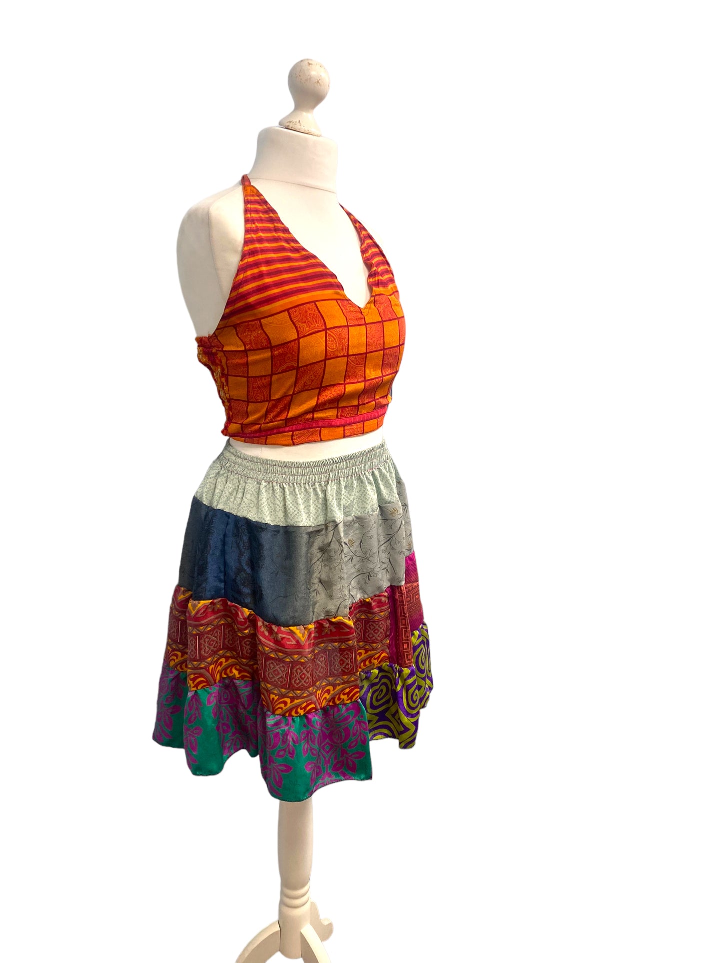 Crop Top & Mini Skirt Festival outfit Boho Hippy Sari Silk summer vest One Size